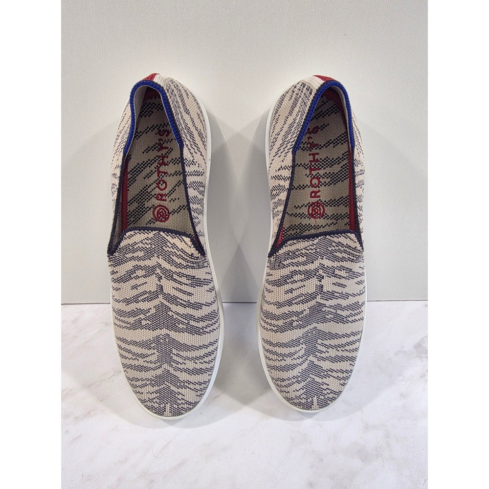 Sustainable Rothy's Slip On Wild Stripe Print Sneakers Women Blue Tan Washable